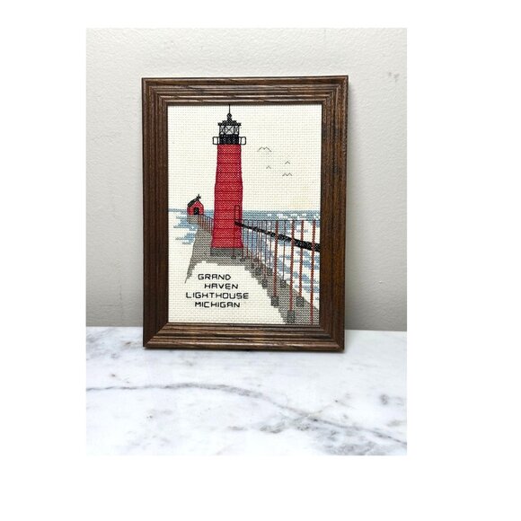Vintage Grand Haven Lighthouse Michigan Framed Cross-Stitch Wall Art, Hand Stitc - Picture 1 of 7
